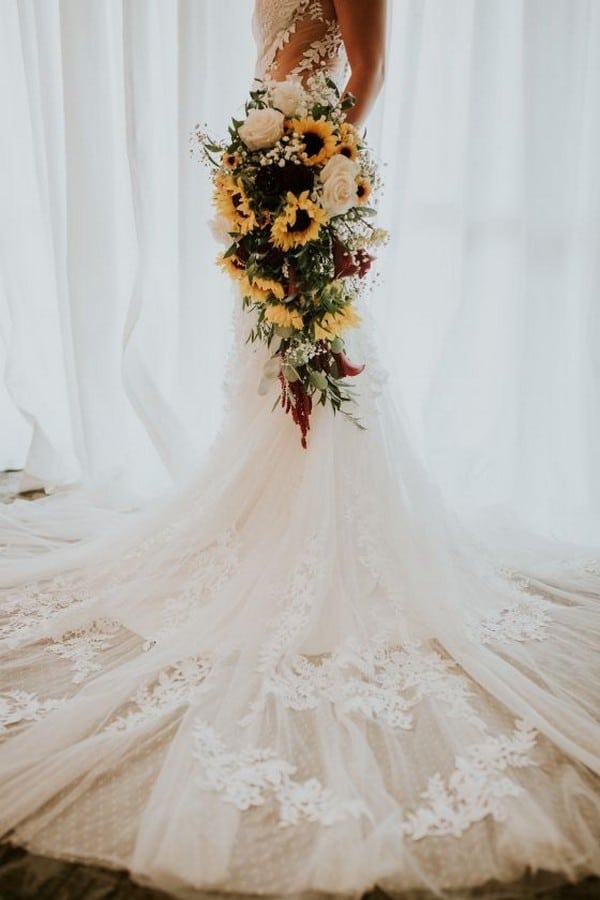 sunflower cascading wedding bouquet ideas