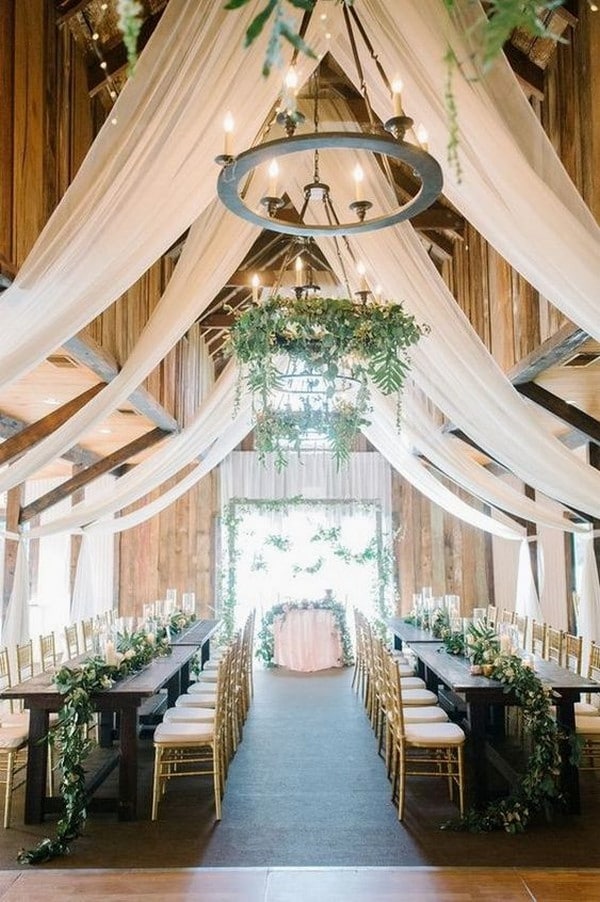 trending barn wedding reception ideas with ivory draping