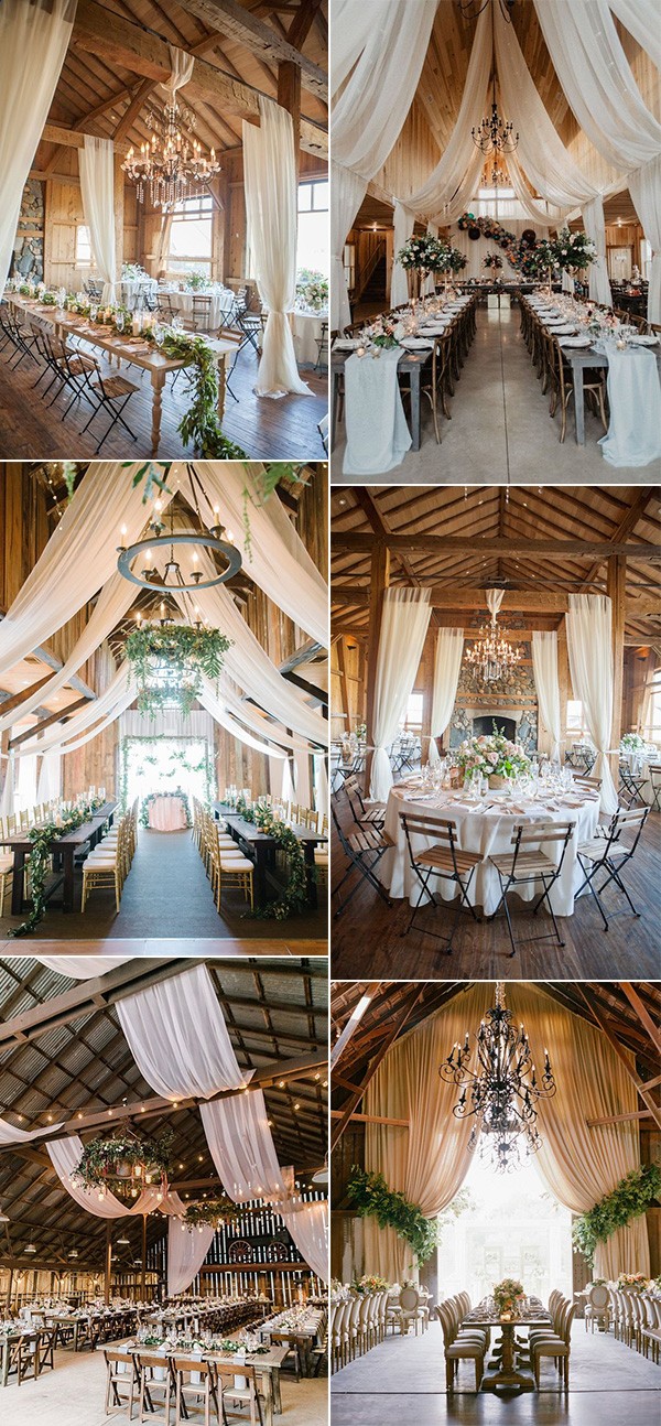 trending country barn wedding reception ideas with drapery