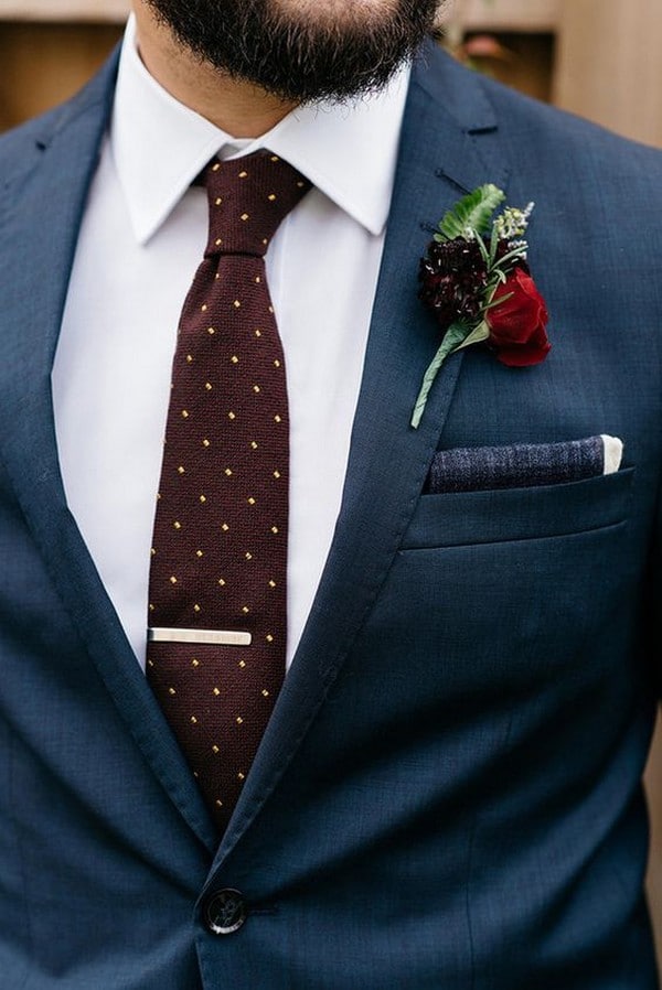 unique groom wedding suit with navy and burgundy