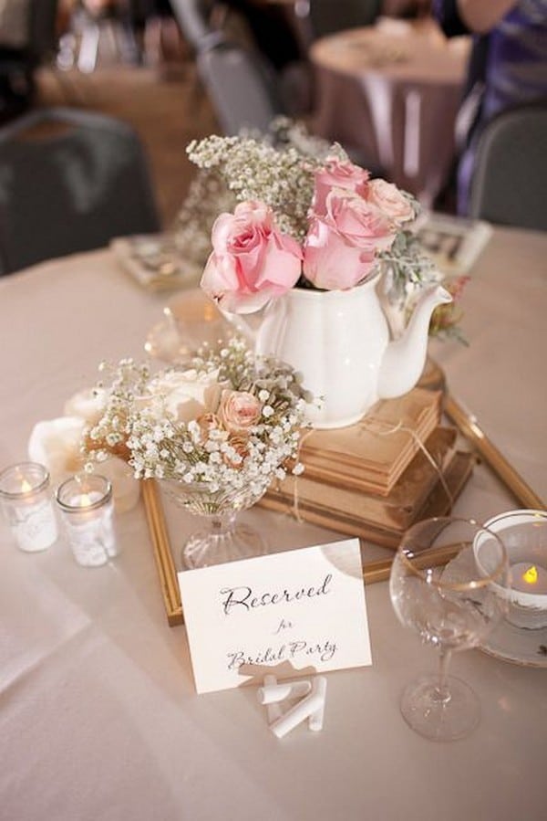 vintage teacup and baby's breath wedding centerpiece