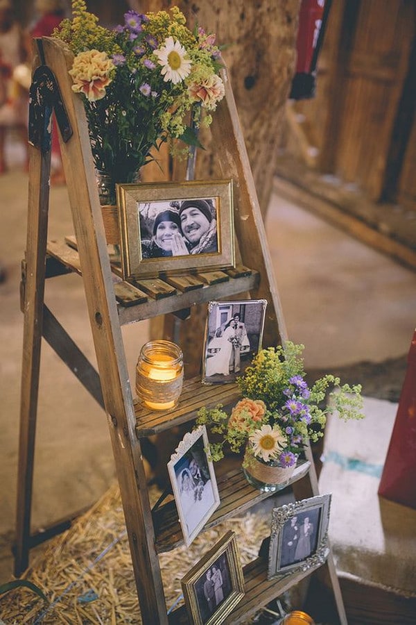 vintage wedding photo display ideas with ladder