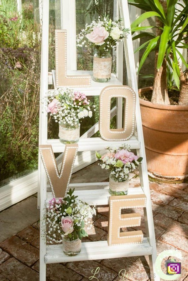 vintage white ladder and mason jar wedding decor