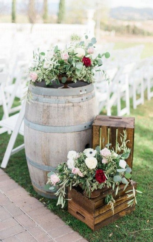 wedding ceremony decorations aisle wine barrels