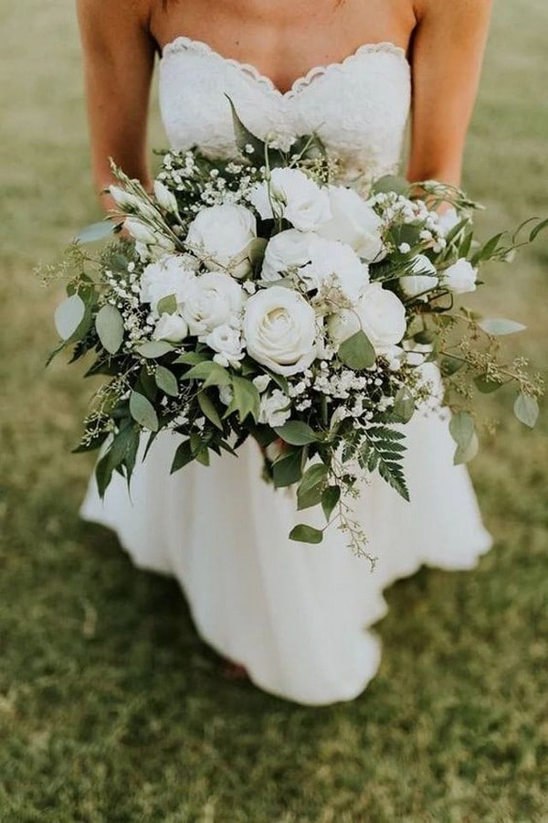 white and green wedding bouquet with eucalyptus