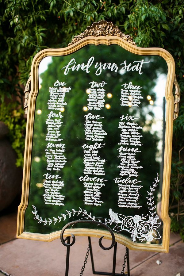 Gold vintage mirror wedding seating chart ideas