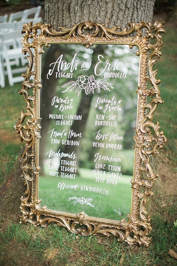 gold vintage mirror wedding seating chart