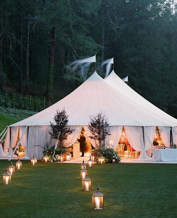 outdoor wedding entrance for night tented wedding