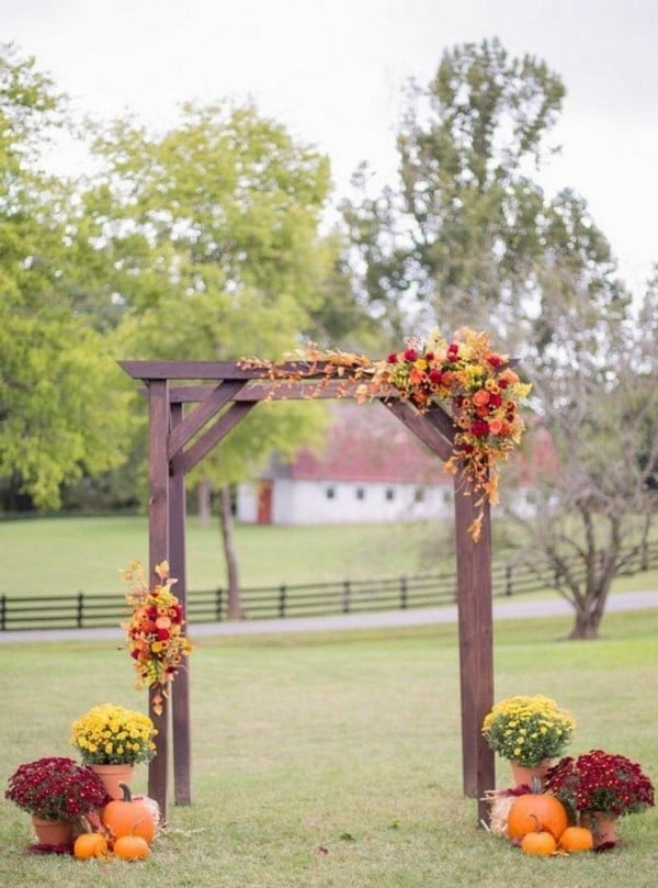 rustic outdoor fall wedding arches and backdrop #wedding #weddingideas #fallwedding #weddingarches