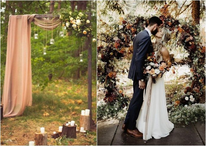 rustic outdoor fall wedding arches and backdrop