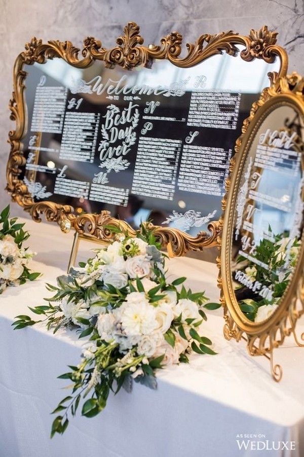 vintage gold baroque mirror wedding seating chart ideas