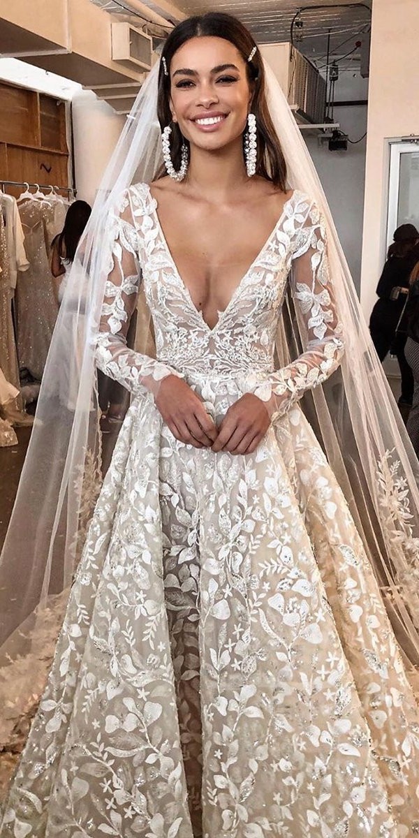 a line wedding dresses deep v neckline with illusion long sleeves floral berta