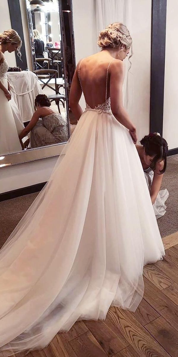 a line wedding dresses low back with spaghetti straps with train madewithlovebridal