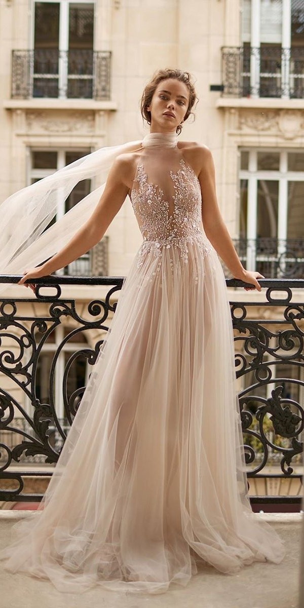 a line wedding dresses nude illusion high neck for beach sequins lizmartinez