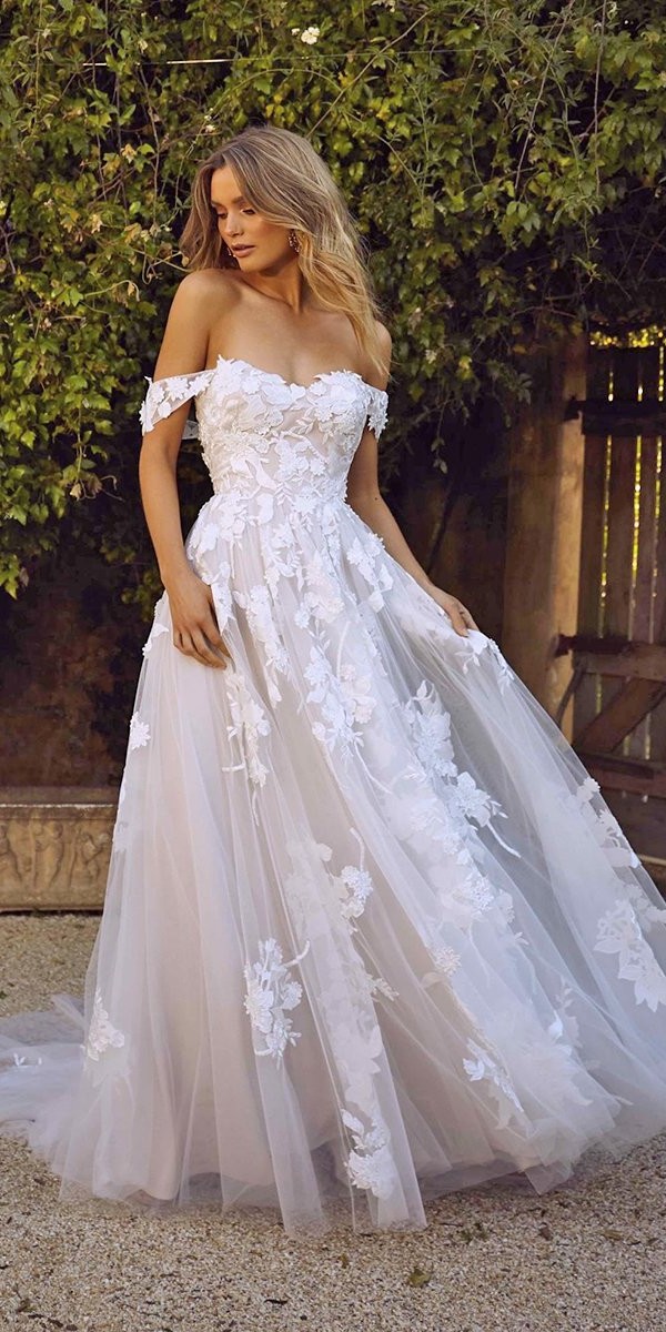 a line wedding dresses off the shoulder sweetheart neckline floral appliuques rose madi lane