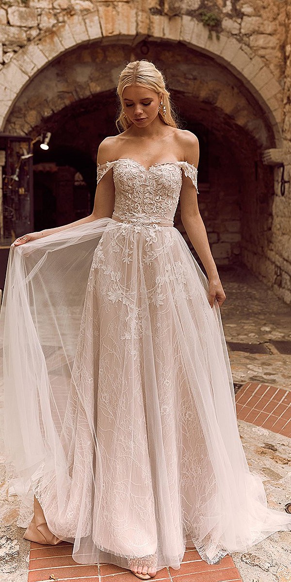 a line wedding dresses off the shoulder sweetheart strapless neckline lace madi lane