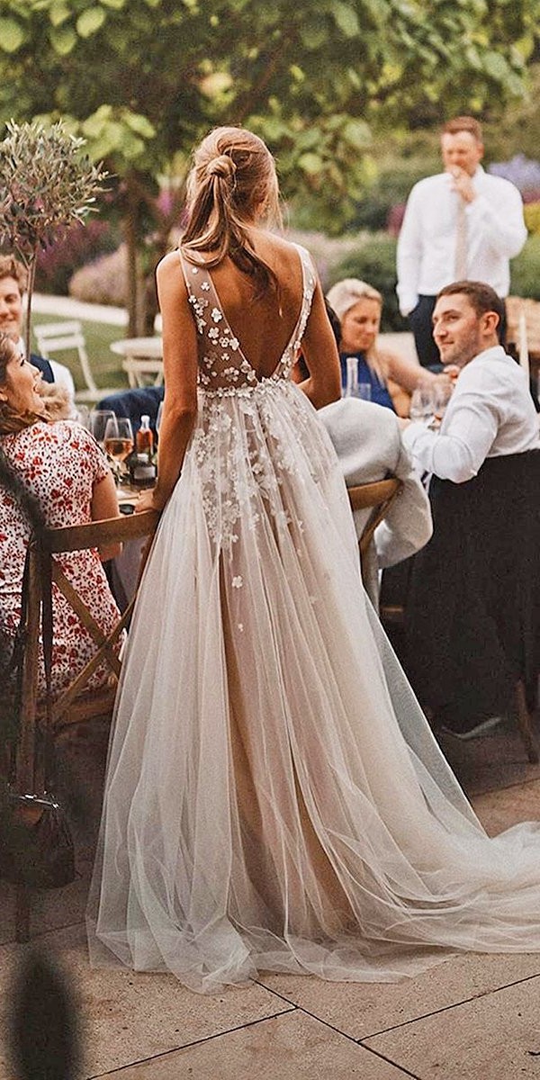 a line wedding dresses v back floral appliques blush liz martinez