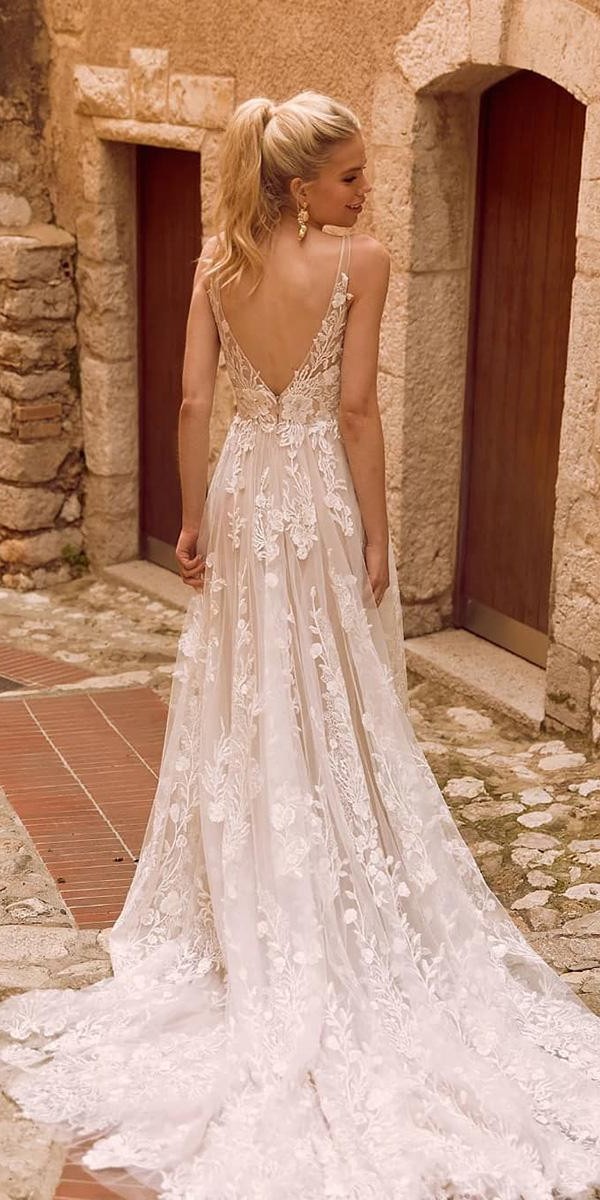 a line wedding dresses v back with train lace madilanebridal