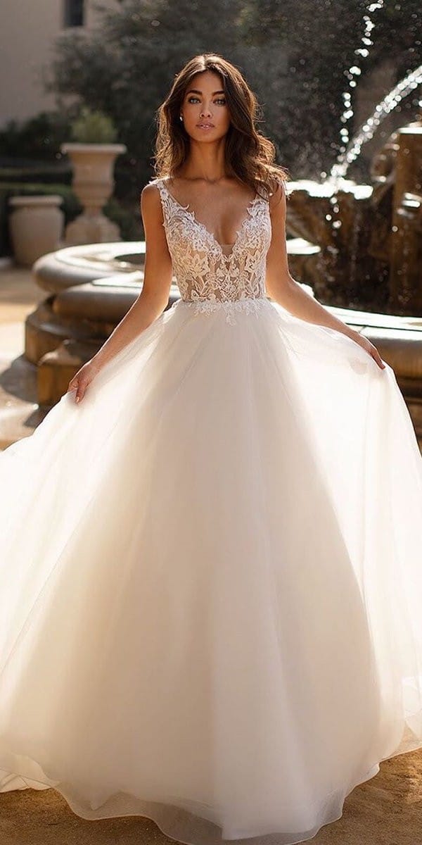 a line wedding dresses v neckline lace top sleveless moonlightbridal