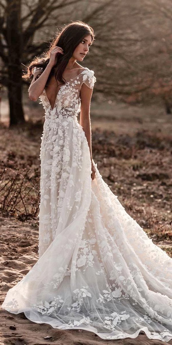 a line wedding dresses with cap sleeves deep v neckline with 3d floral berta