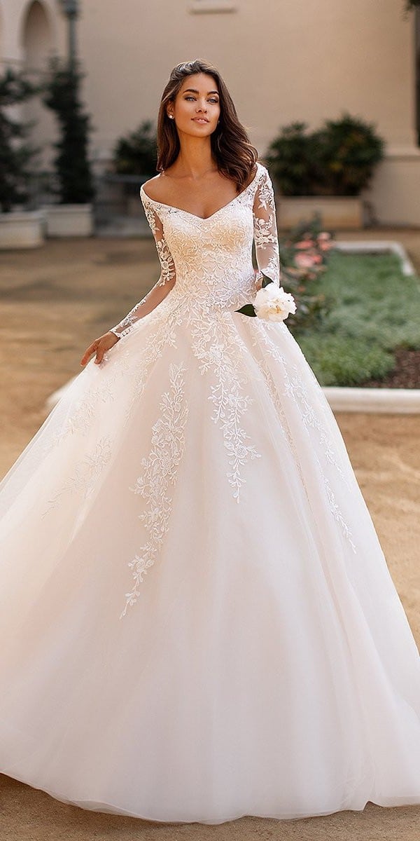 a line wedding dresses with illusion lace sleeves v neckline moonlightbridal