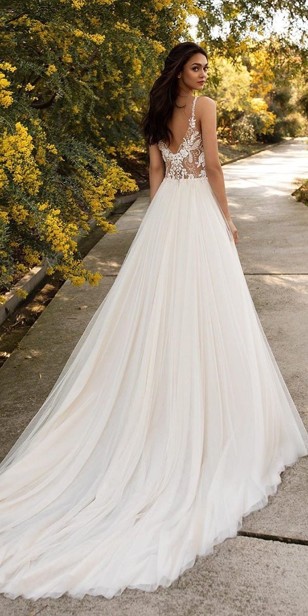 a line wedding dresses with spaghetti straps lace top with train pronovias