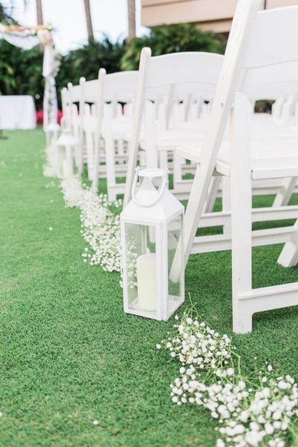 all white babys breath and lantern wedding aisle ideas