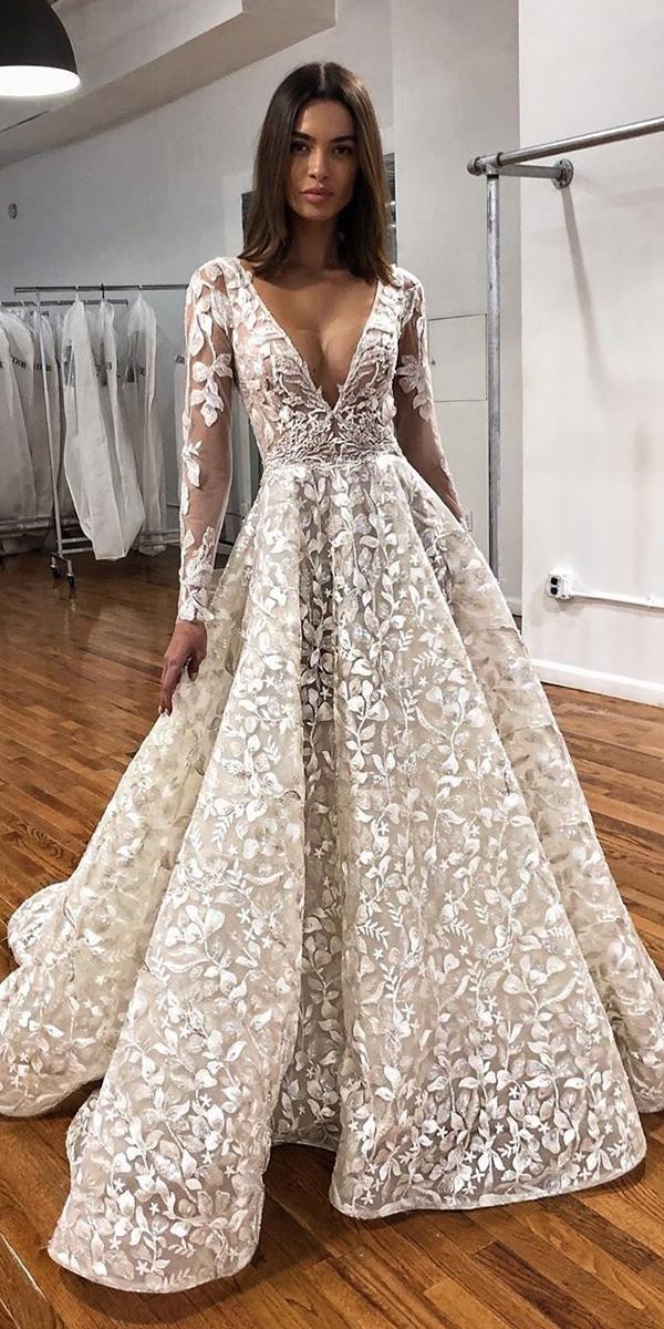 best wedding dresses a lin with illusion long sleeves v neckline floral appliques bertabridal