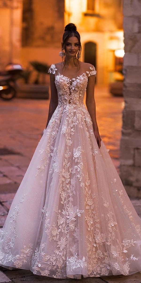 best wedding dresses a line blush illusion neckline with cap sleeves floral lace blunnybridal