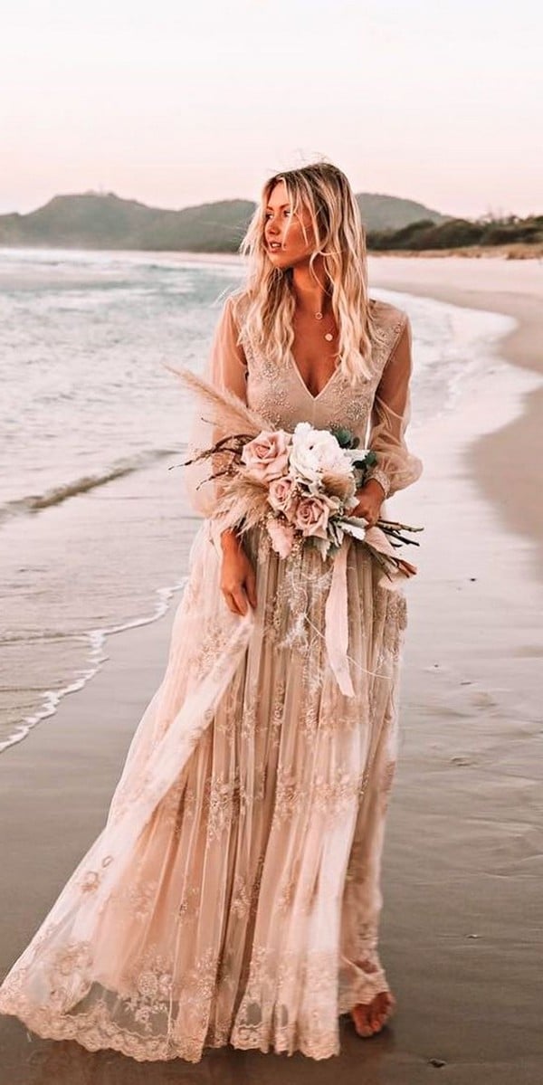 boho beach wedding dress with long sleeves