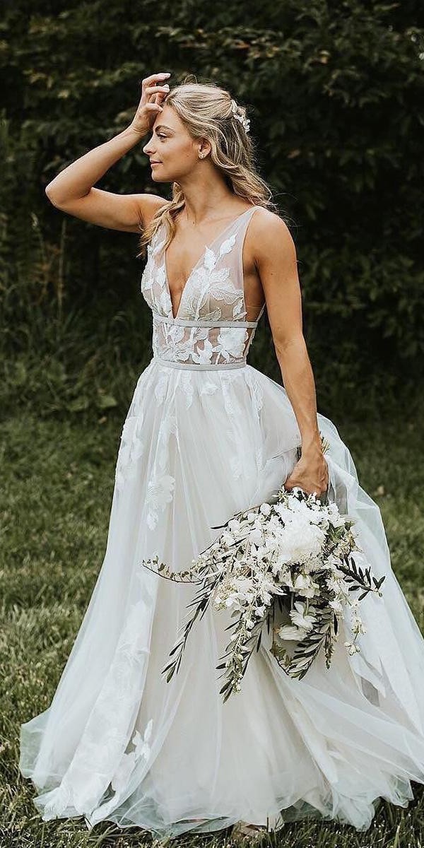 boho wedding dresses a line plunging neckline sleveless floral allinlovedesign