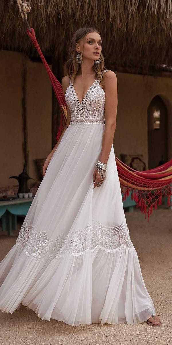 boho wedding dresses a line v neckline delicate lace asafdadush