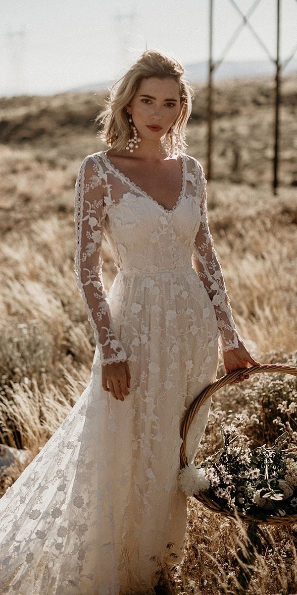 boho wedding dresses a line with illusion long sleeves lace dreamersandlovers