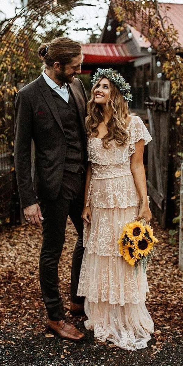 boho wedding dresses sheath with cap sleeves blush ruffled skirt willkhouryphotography