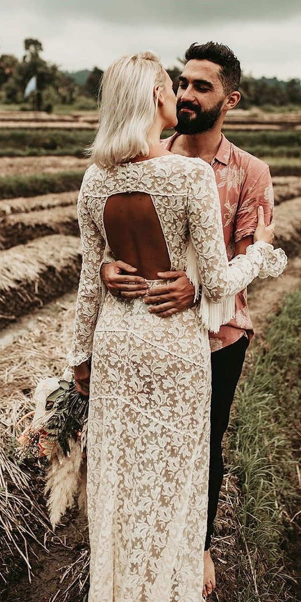 boho wedding dresses sheath with long sleeves open back lace rustic immaclenovias