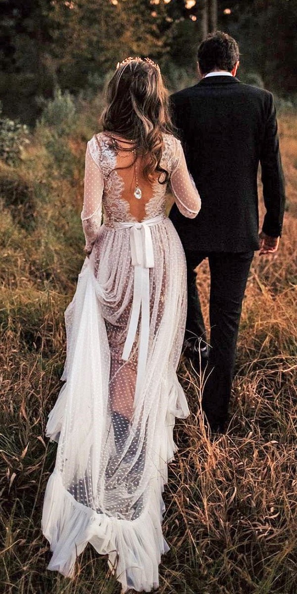 boho wedding dresses with long sleeves v back lace train arthaatelier