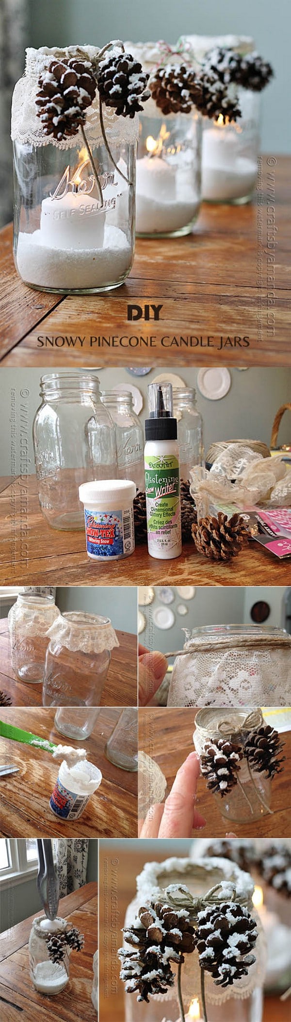 creative DIY snowy pinecone candle jars for winter weddings