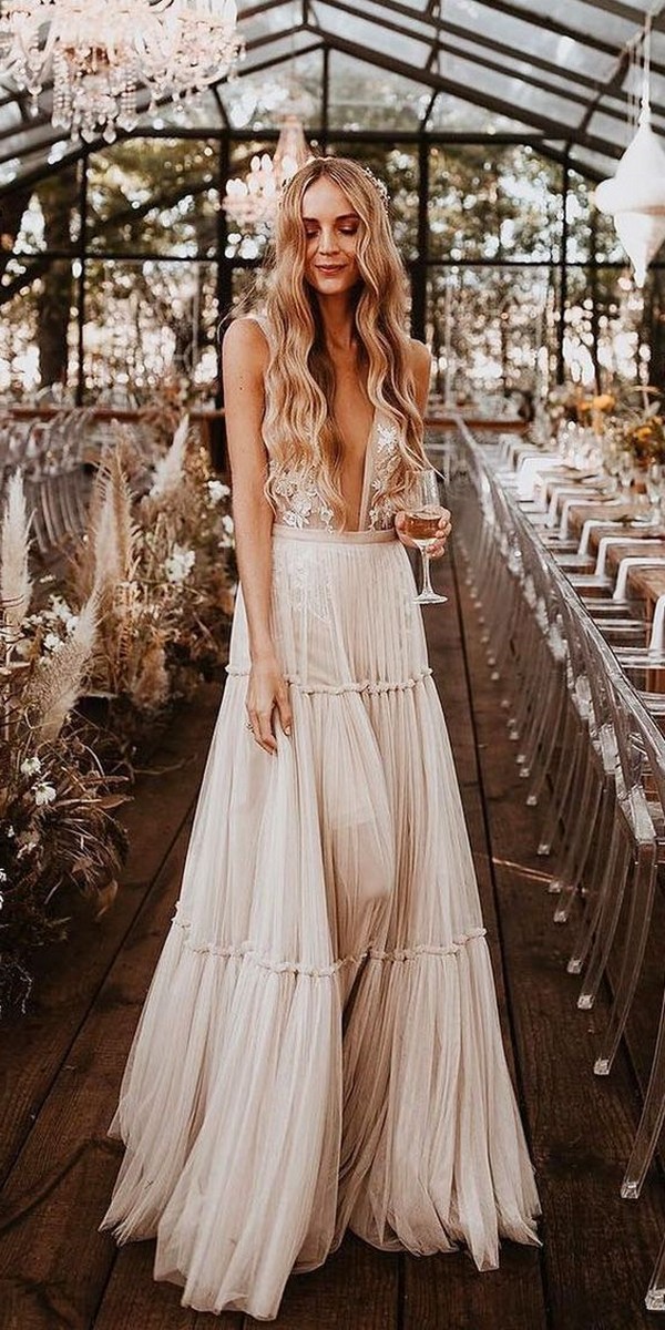 deep v neck boho lace wedding dress