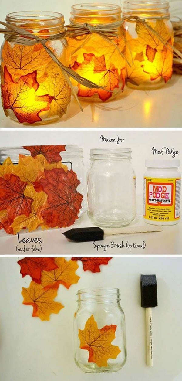 diy fall maple leave mason jar candle holder for autumn weddings