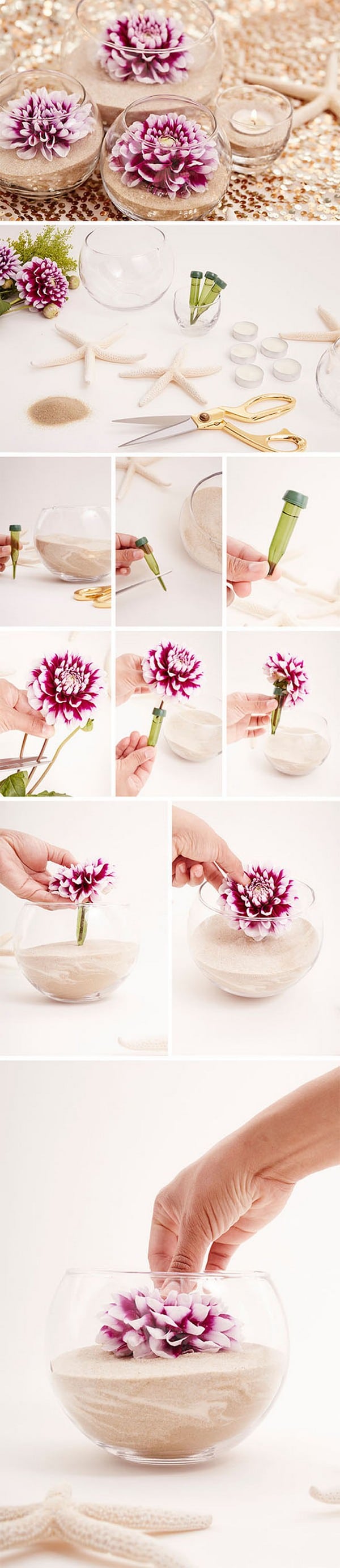 diy flower and sand glass wedding centerpieces