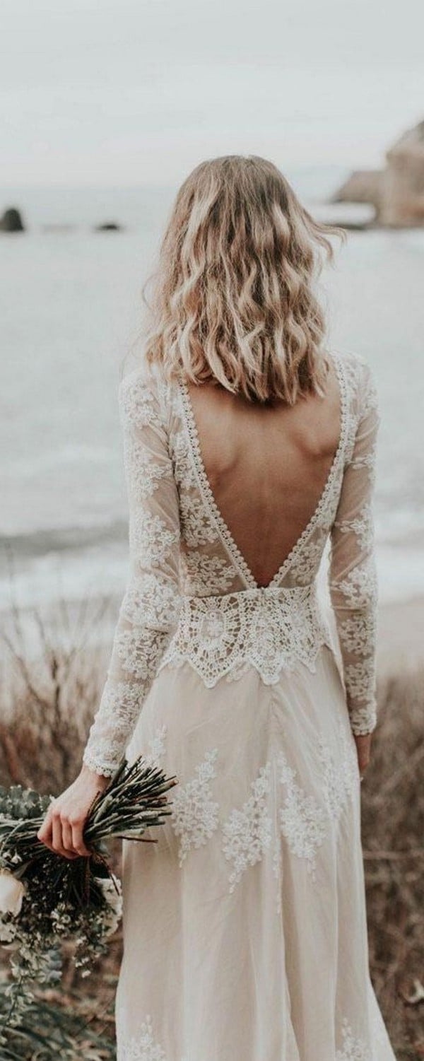 lace bohemian wedding dress with v back