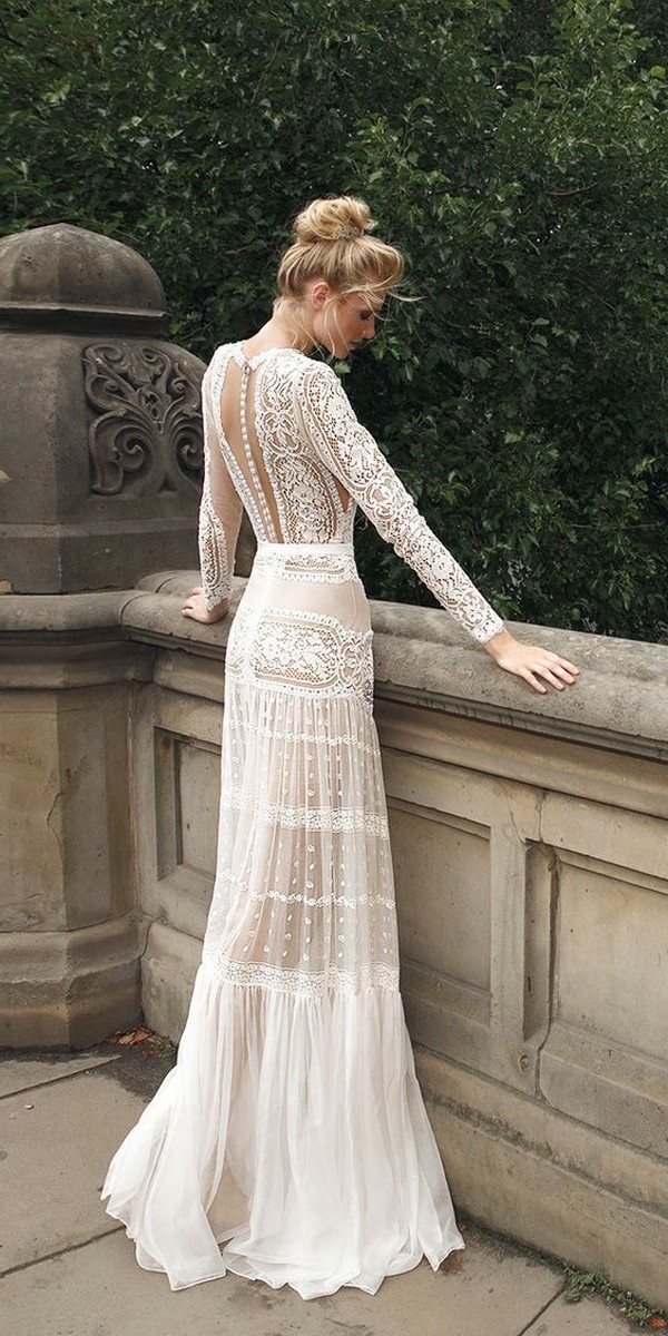 long lace sleeves boho wedding dress