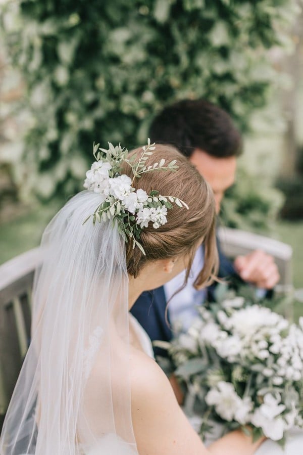 low bun updo wedding hairstyle with flowers and veil