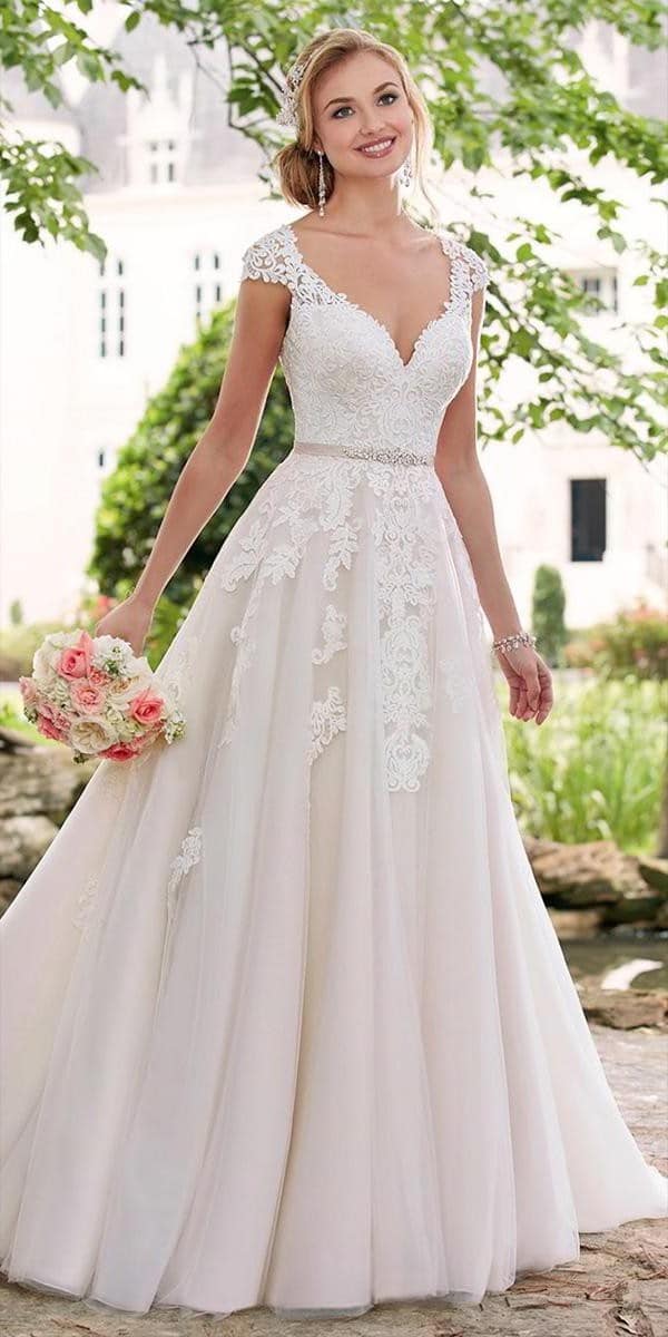 romantic lace cap sleeve sweetheart neckline a line wedding dresses stella york