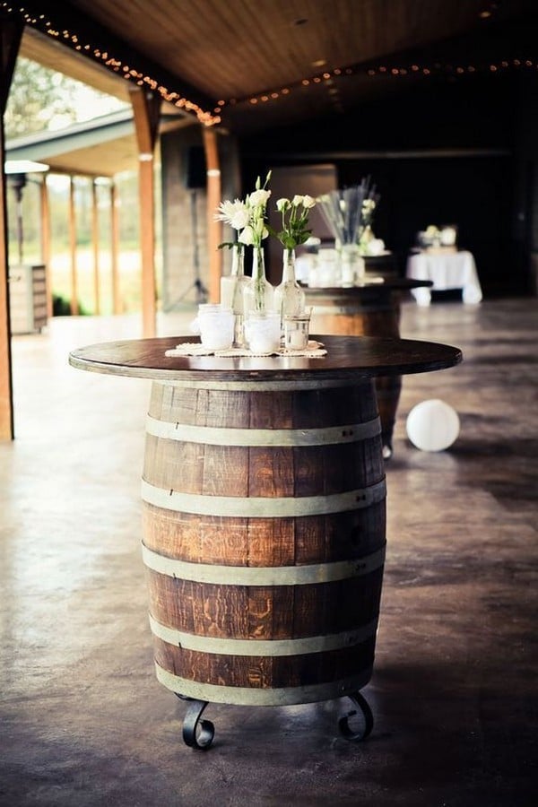 rustic wine barrel wedding cocktail table ideas