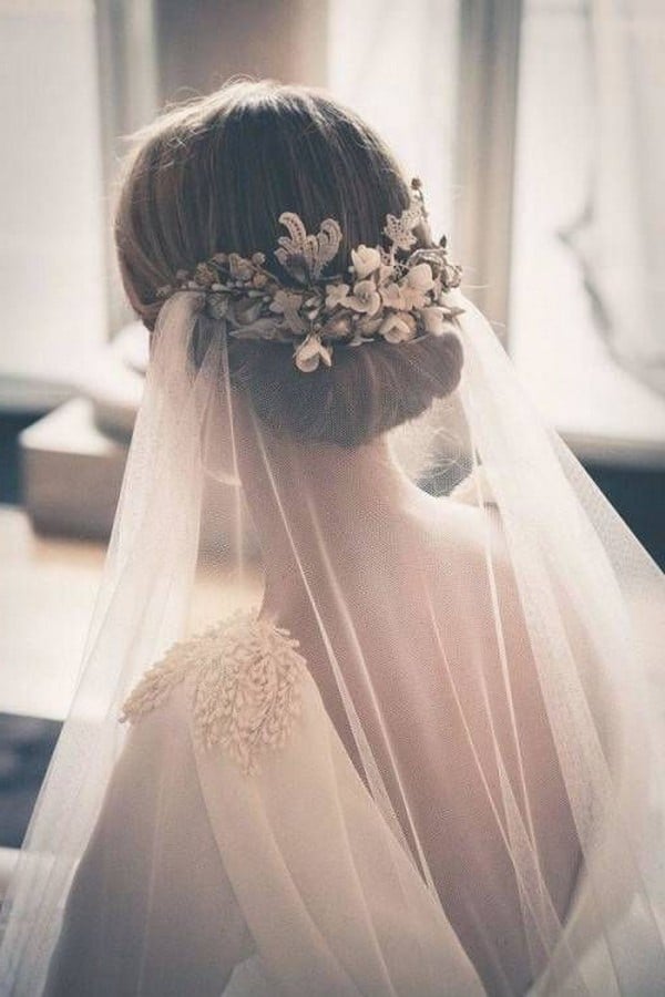 vintage updo wedding hairstyle with long veil