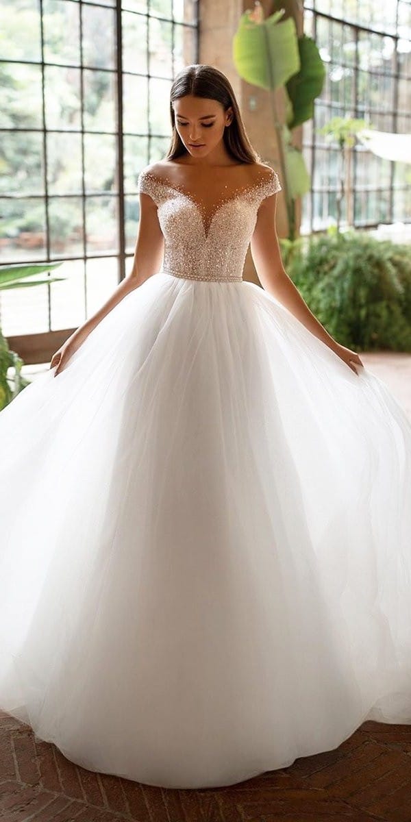 wedding dress designers illusion neckline sequins top tulle skirt millanova