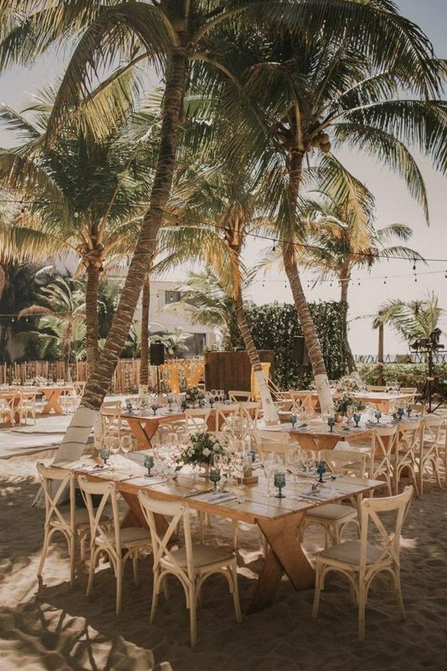 beach wedding reception with square tables